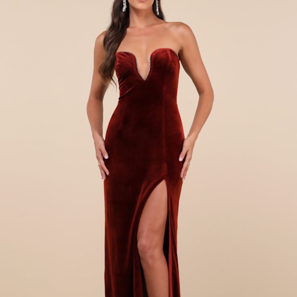 Lulus Elegant Success Rust Velvet Rhinestone Strapless Maxi Dress Orange